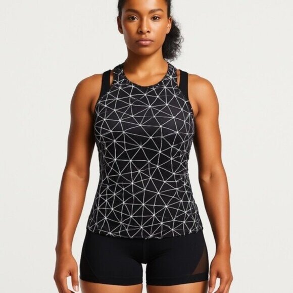 Karma Womens Geometric Print Black & White Racerback Tank Top With Built-In Bra - Picture 2 of 16
